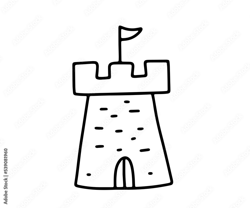 Obraz premium Medieval castle tower building. Hand drawn sketch drawing. Doodle illustration isolated on white background for coloring pages