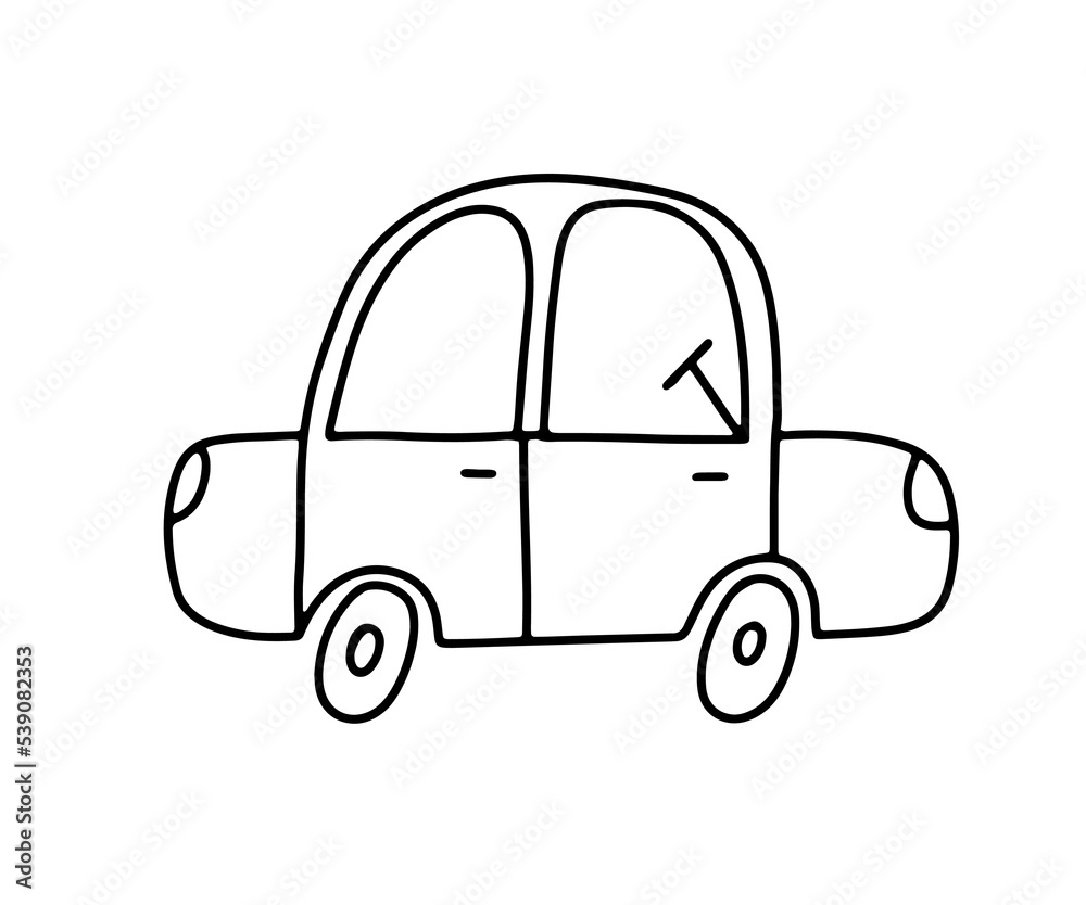 Doodle funny car. Vector sketch scribble style. Hand drawn toy car isolated on white for childish coloring book