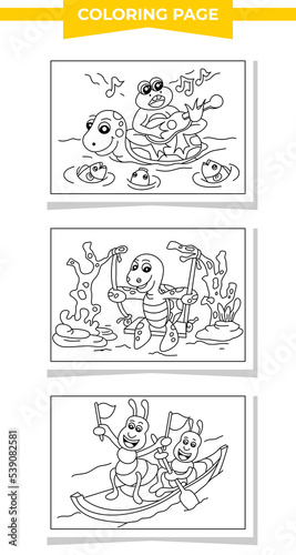 Coloring pages cartoon frog, turtle and ant vector illustration