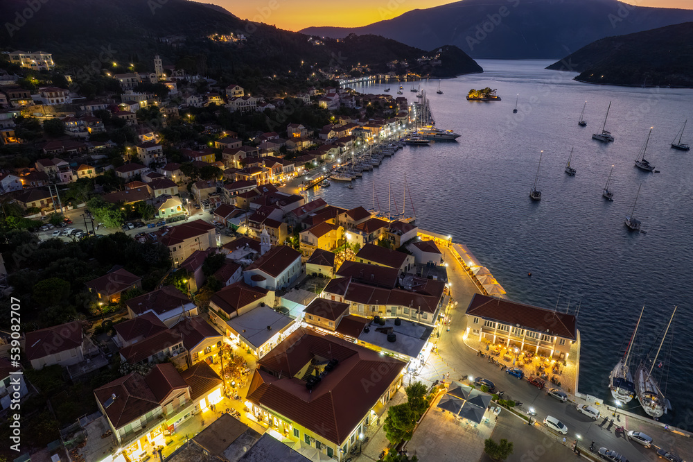 Panoramic view during sunset of the picturesque village Vathy the capital of Ithaca island, Ionian, Greece