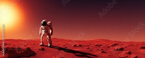 Astronaut on Mars, Spaceman Standing on the Rocky Alien Red Planet of Mars, Exploration of the First Manned Mission to Mars, Space Colonization, digital illustration photo