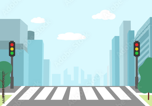 Road empty city street with crosswalk and traffic light in flat design.