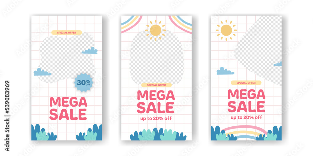 Mega Sale offer promotion social media stories template for discount for kid children baby with cute kawaii abstract with memphis element