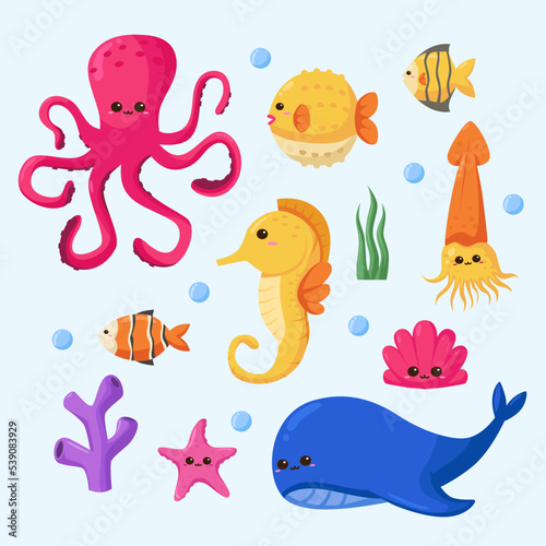 Doodle sea life fish animal collection set decoration for education element