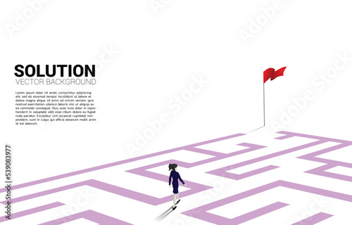 Silhouette of businesswoman with route path to exit the maze. Business concept for problem solving and finding idea.