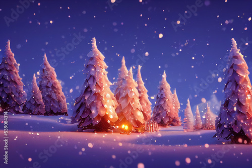 Fabulous and festive illuminated Christmas trees in the snow, digital illustration © Aetaer