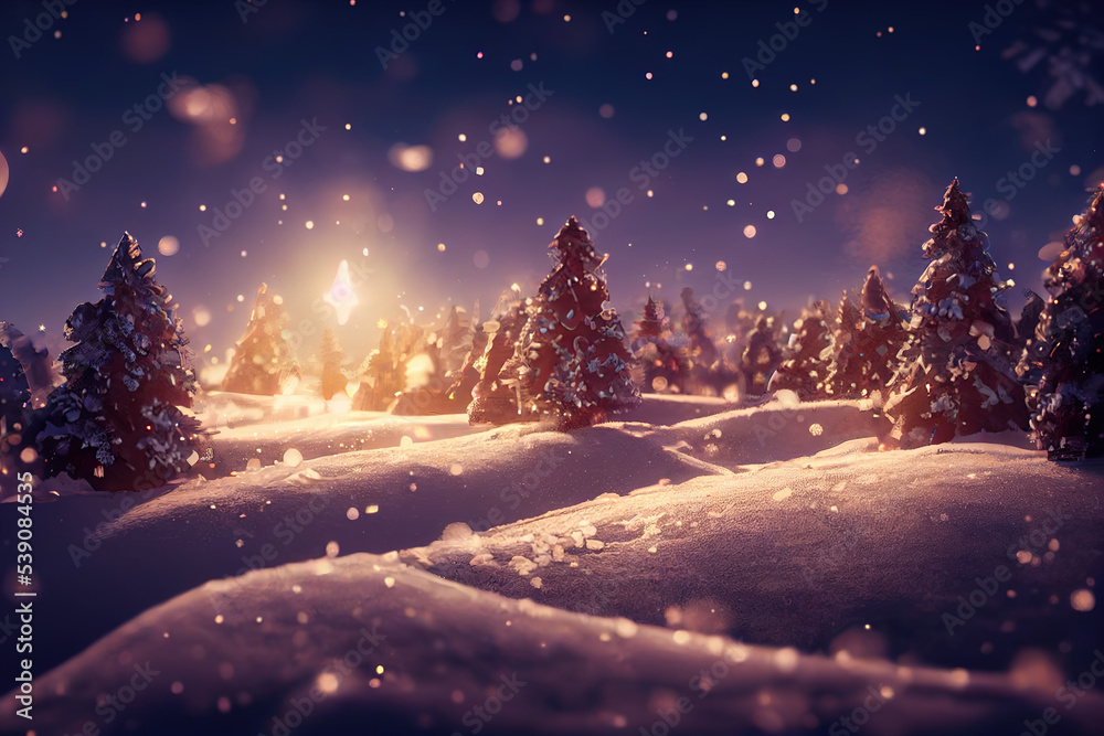 Fabulous and festive illuminated Christmas landscape in the snow, digital illustration