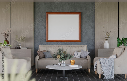 3D mockup blank photo frame in living room rendering © Johnstocker
