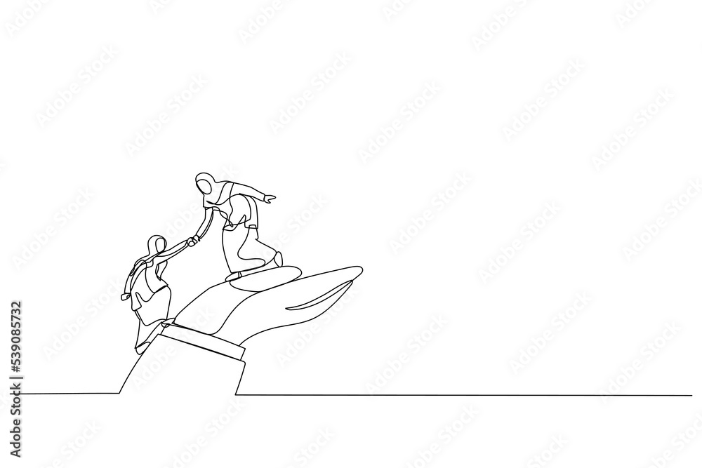 Drawing of arab woman helps companion climb to the giant hand. Single continuous line art