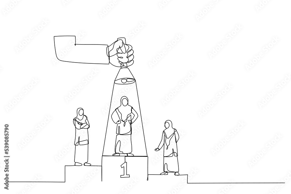 Illustration of arab businesswoman on podium, one among them being flash lighted by big hand from top using flashlight. Single line art style