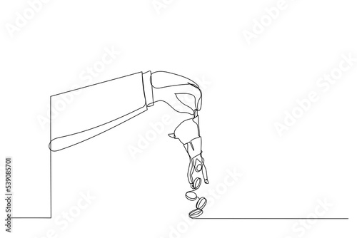 Illustration of greed hand hold muslim woman shaking to get all their money. Metaphor for tax hike, government increase tax or steal money from people. Single line art style
