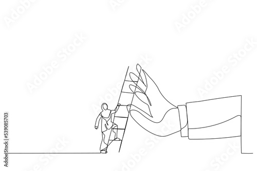 Drawing of arab businesswoman about to climb up ladder to overcome giant hand stopping him. Metaphor for overcome business obstacle, barrier or difficulty. Single continuous line art style