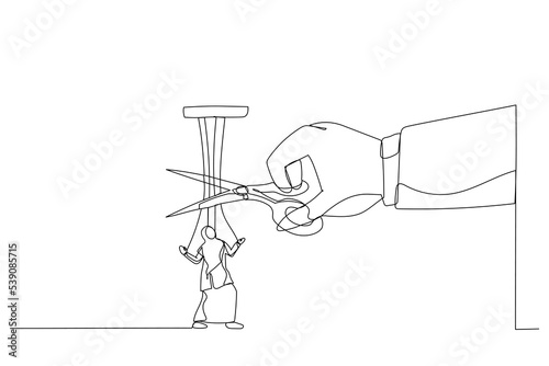 Cartoon of giant hand with scissors cutting the strings attached to muslim businesswoman. Metaphor for freedom, independent, liberation. Single line art style