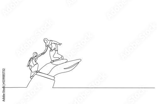Drawing of arab woman helps companion climb to the giant hand. Single continuous line art