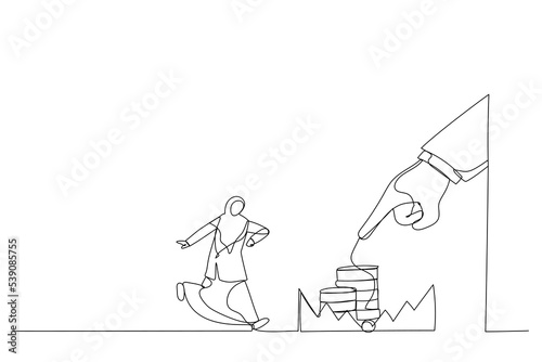 Cartoon of arab businesswoman running to catch the coin money in the steel bear trap. Metaphor for greed, financial risk and bad decision. One continuous line art style