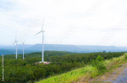Wind turbines generate electricity in the mountains