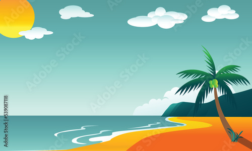 Tropical island beach with palm trees background. Vector Illustration