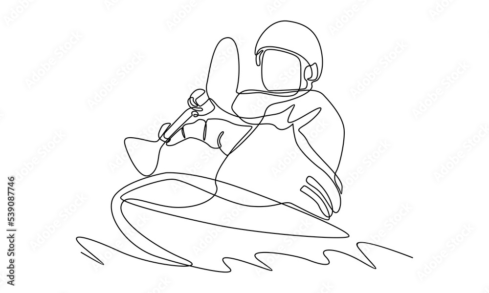 continuous line of kayaker doing extreme rafting on wave