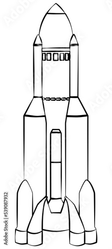 Black outline of spaceship with elongated hull isolated on white. Design element.