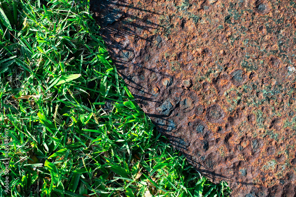 close up Grass and rusted steel plates close up Grass and rusted steel plates