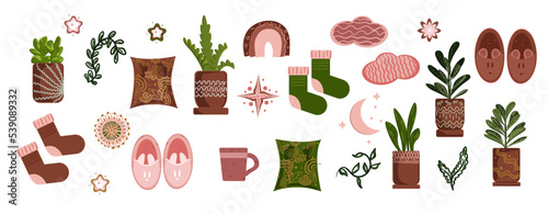 Cozy collection, indoors activities, concept of comfort and coziness, set of isolated vector illustrations, scandinavian hygge style, isolation period at home.