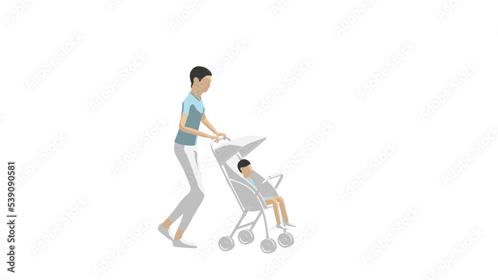 ベビーカーに乗る子供と母親のシンプルなイラスト