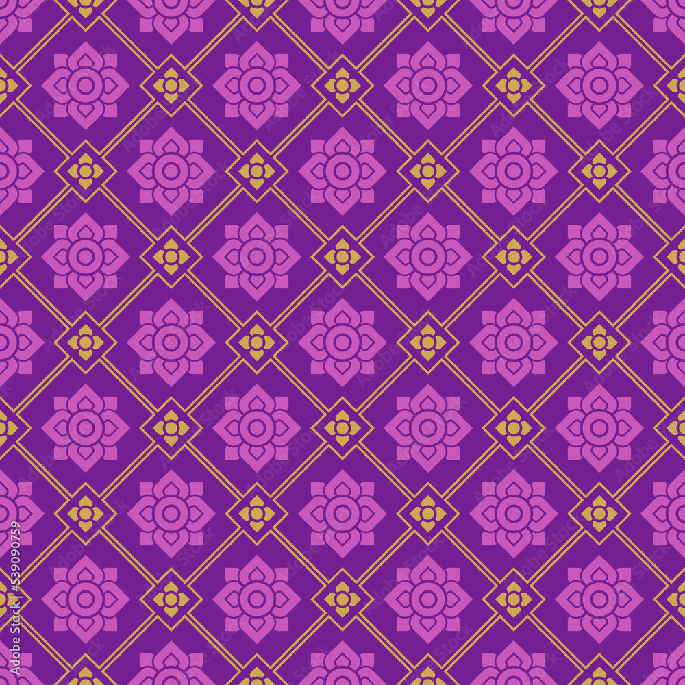 Seamless modern Thai art pattern. The shape of a large and small diamond-shaped flower. Yellow lines on a purple background. Vector illustration. Seamless modern Thai art pattern. The shape of a large and small diamond-shaped flower. Yellow lines on a purple background. Vector illustration.
