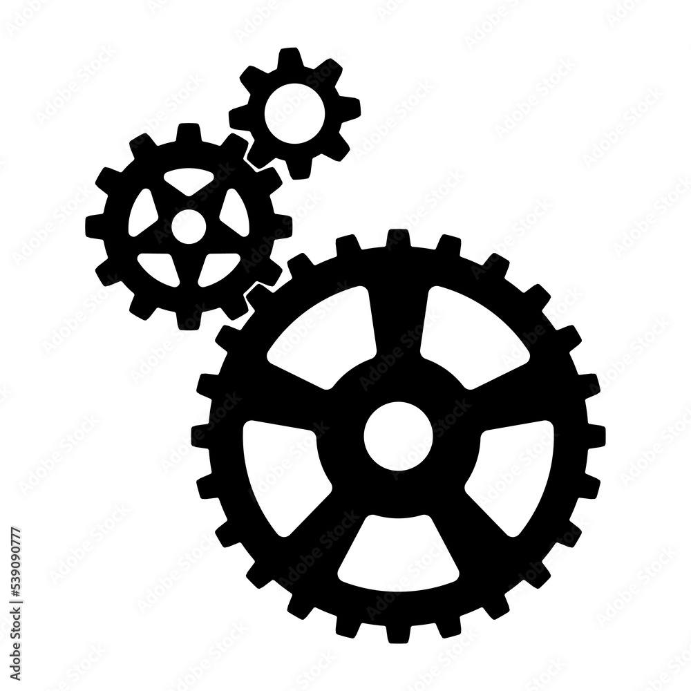 3 sizes of mechanical cogwheels, small 8 teeth, medium 12 teeth and large 24 teeth. Black silhouette gear icon design element. White background. Vector illustration.