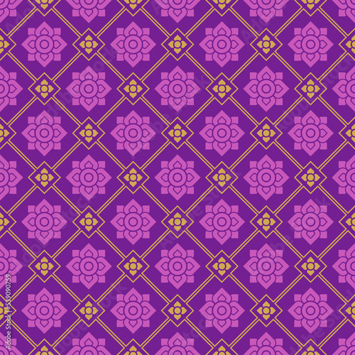 Seamless modern Thai art pattern. The shape of a large and small diamond-shaped flower. Yellow lines on a purple background. Vector illustration.