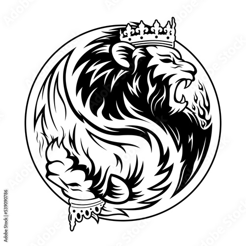 Yin Yang symbol pattern. The head of the King and Queen lion is black and white. Design for a logo or icon. Vector illustration.