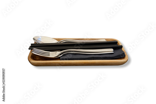 Cutlery, with knife, fork, chopsticks and napkins, nicely arranged in a wooden bowl. Transparent background.