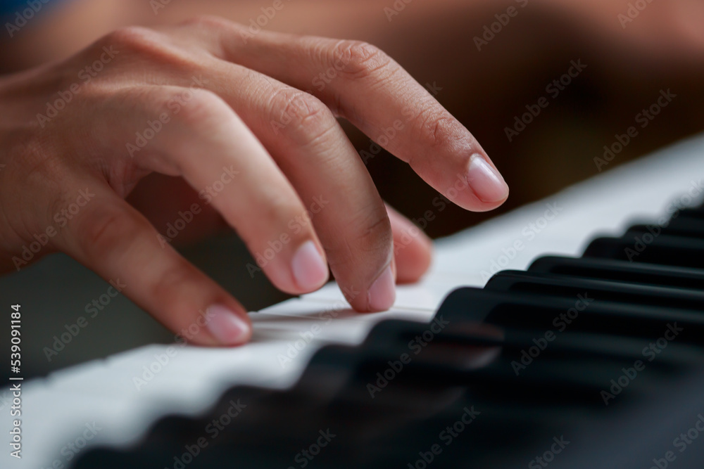 Obraz premium Man playing Electronic piano keyboard. Closeup of black and white piano keys.