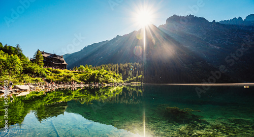 Tatra National Park in Poland. Famous mountains lake Morskie oko or sea eye lake In High Tatras. Five lakes valley