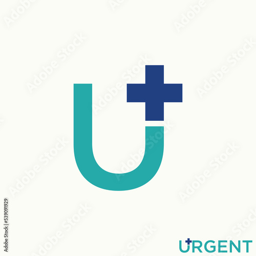 Simple and unique letter or word U font with medical red cross or plus image graphic icon logo design abstract concept vector stock. Can be used as symbol related to typography or health