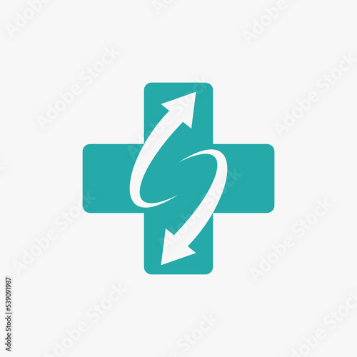 Simple and unique red cross or plus with flip 2 arrow like letter S font image graphic icon logo design abstract concept vector stock. Can be used as symbol related to medical or initial