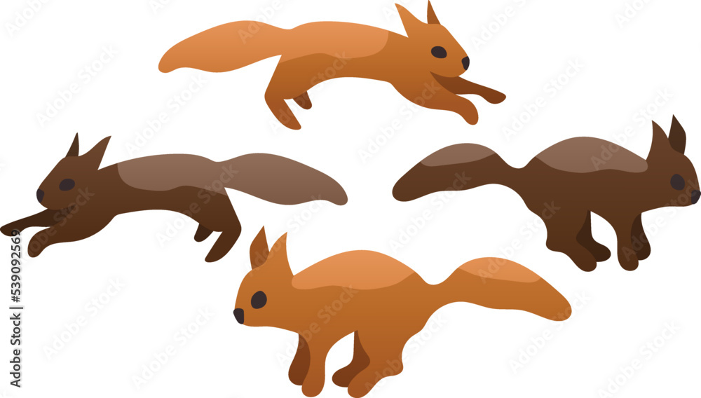 A set of illustrations of a wild squirrel in different poses. Ready-made stickers of a cute fluffy animal, a squirrel runs and jumps in search of nuts. Ready to use eps for your design A set of illustrations of a wild squirrel in different poses. Ready-made stickers of a cute fluffy animal, a squirrel runs and jumps in search of nuts. Ready to use eps for your design