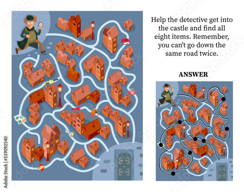 Maze and one answer, activity for children. Vector illustration. Puzzle game. Help the detective get into the castle and find all eight items. Find 2 correct answers. 