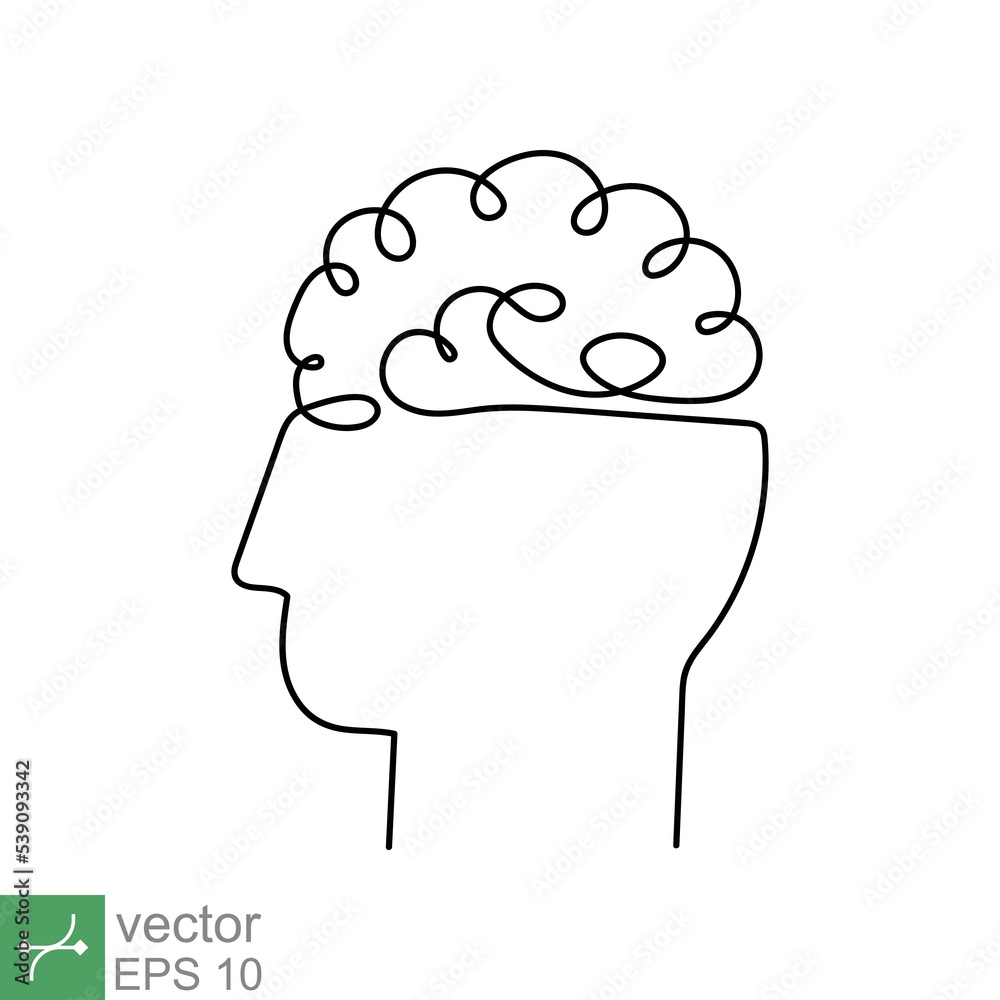 Continuous line art and one line drawing of a human head with brain. Linear outline stroke, mechanical and robotic technology with advanced. Vector illustration isolated on white background. EPS 10. Continuous line art and one line drawing of a human head with brain. Linear outline stroke, mechanical and robotic technology with advanced. Vector illustration isolated on white background. EPS 10.