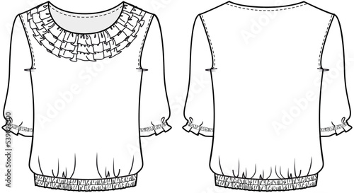 women short sleeve ruffle neck blouse with elastic waist fashion flat sketch vector illustration, front and back view technical cad drawing template.
