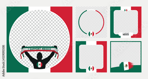 I support Mexico world football championship profil picture frame banner man silhouette with national flag scarf in hand for social media