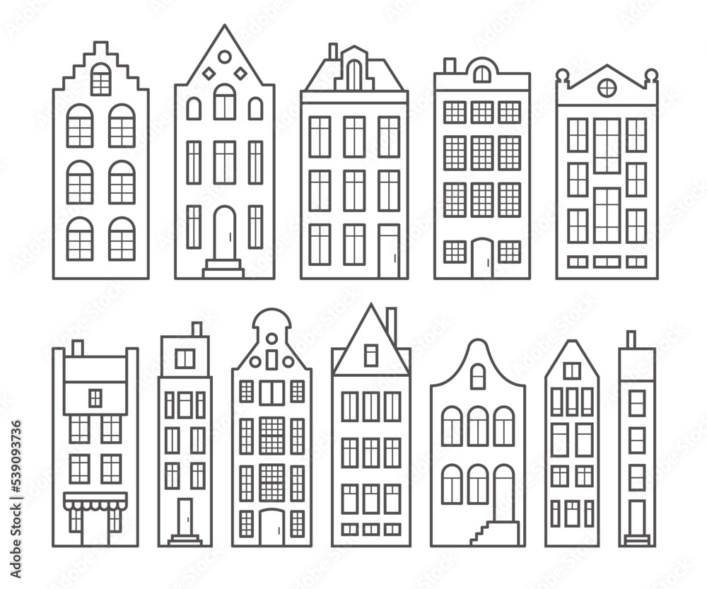 Set of old European houses. Facades of European old buildings in Scandinavian style. Holland homes. Vector outline illustration.