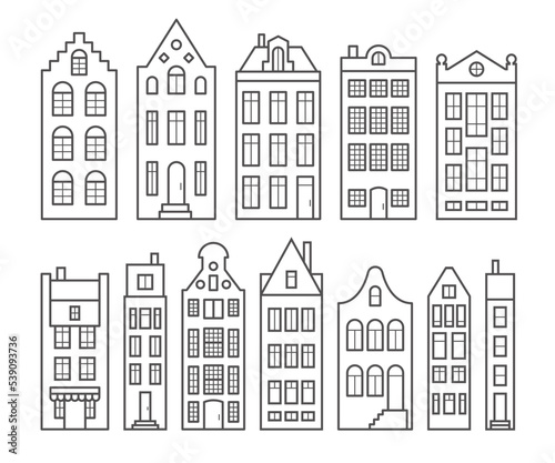Set of old European houses. Facades of European old buildings in Scandinavian style. Holland homes. Vector outline illustration.