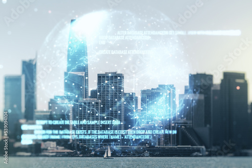 Double exposure of abstract programming language hologram and world map on San Francisco city skyscrapers background, research and development concept