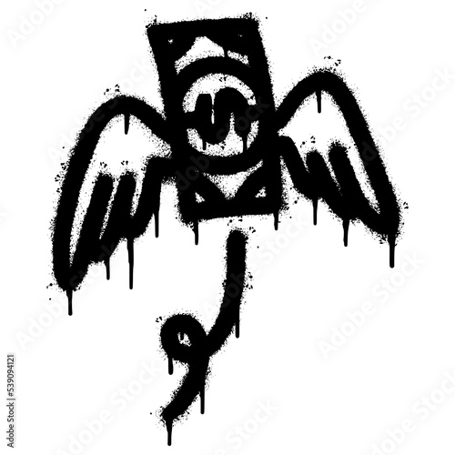 Spray Painted Graffiti Dollar bill with wings icon Sprayed isolated with a white background. graffiti Dollar bill with wings symbol with over spray in black over white. Vector illustration.