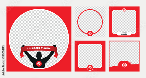 I support Tunisia world football championship profil picture frame banner man silhouette with national flag scarf in hand for social media