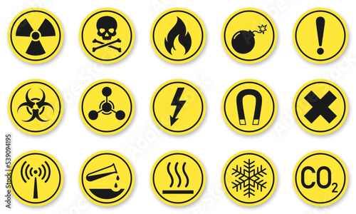 Warning flat icons collection. Black vector hazard glyphs on yellow background. Best for print, package, mobile apps, UI and web design.