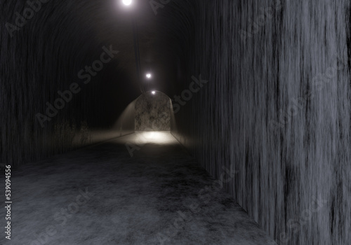 long stone corridor old tunnel empty at night.