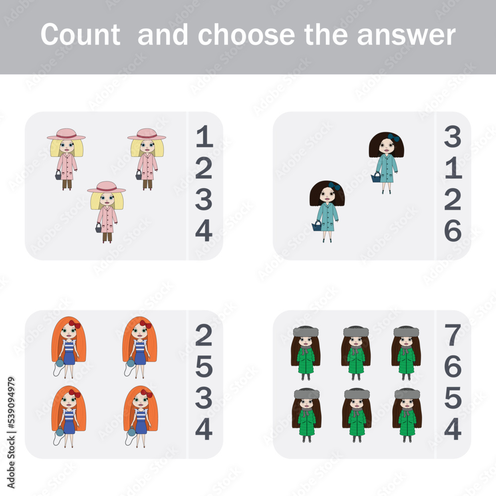 Counting Game for Preschool Children.  Count how many colorful dolls