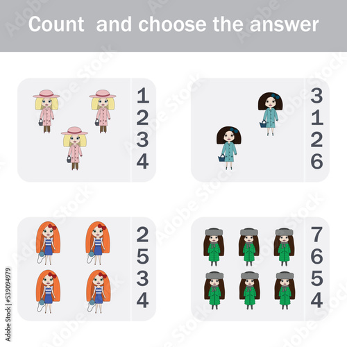 Counting Game for Preschool Children.  Count how many colorful dolls