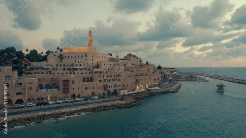 Aerial footage of Tel Aviv-Yafo skyline + jaffa port, St. Nicholas Armenian Orthodox Church, Israel - October 14, 2022 - #004